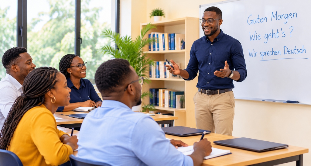 Enseignant et apprenants adultes en cours d’allemand chez REA Institut dans une salle moderne et accueillante