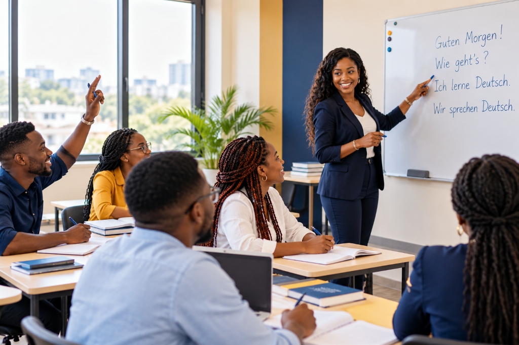 Apprenants noirs en cours d’allemand chez REA Institut dans une salle lumineuse et professionnelle